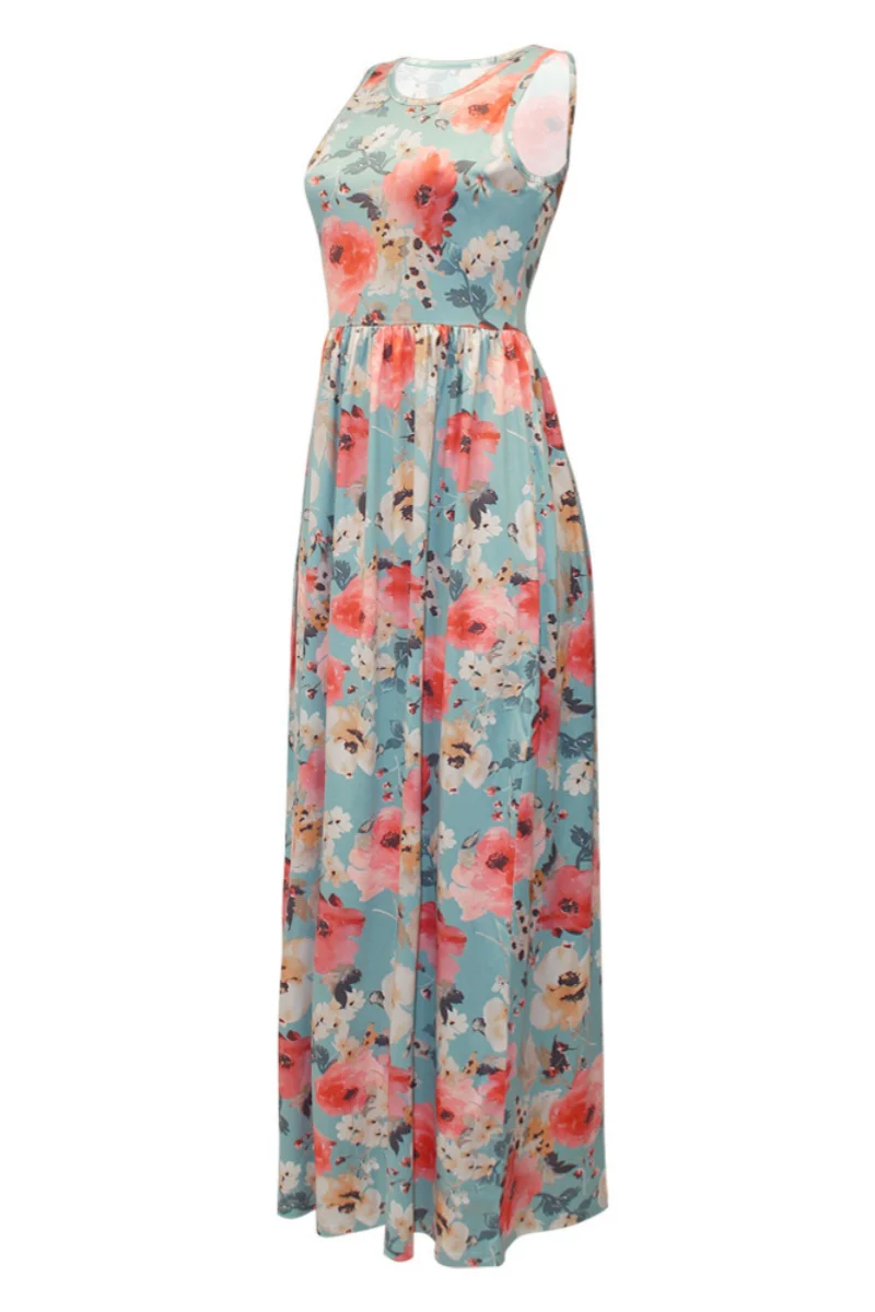 Casual Floral Print Basic O Neck Long Dresses - Panekey