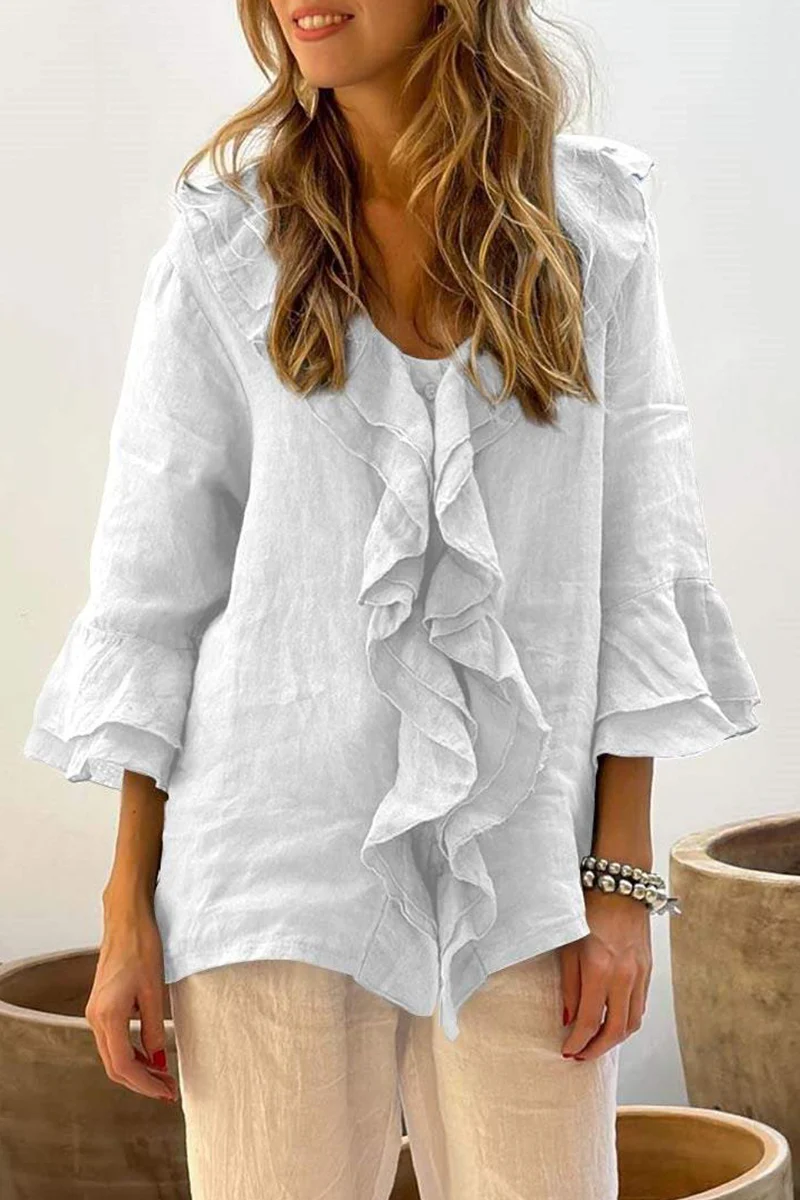 Casual Daily Solid Color Ruffle V Neck Blouses(7 Colors) - Panekey