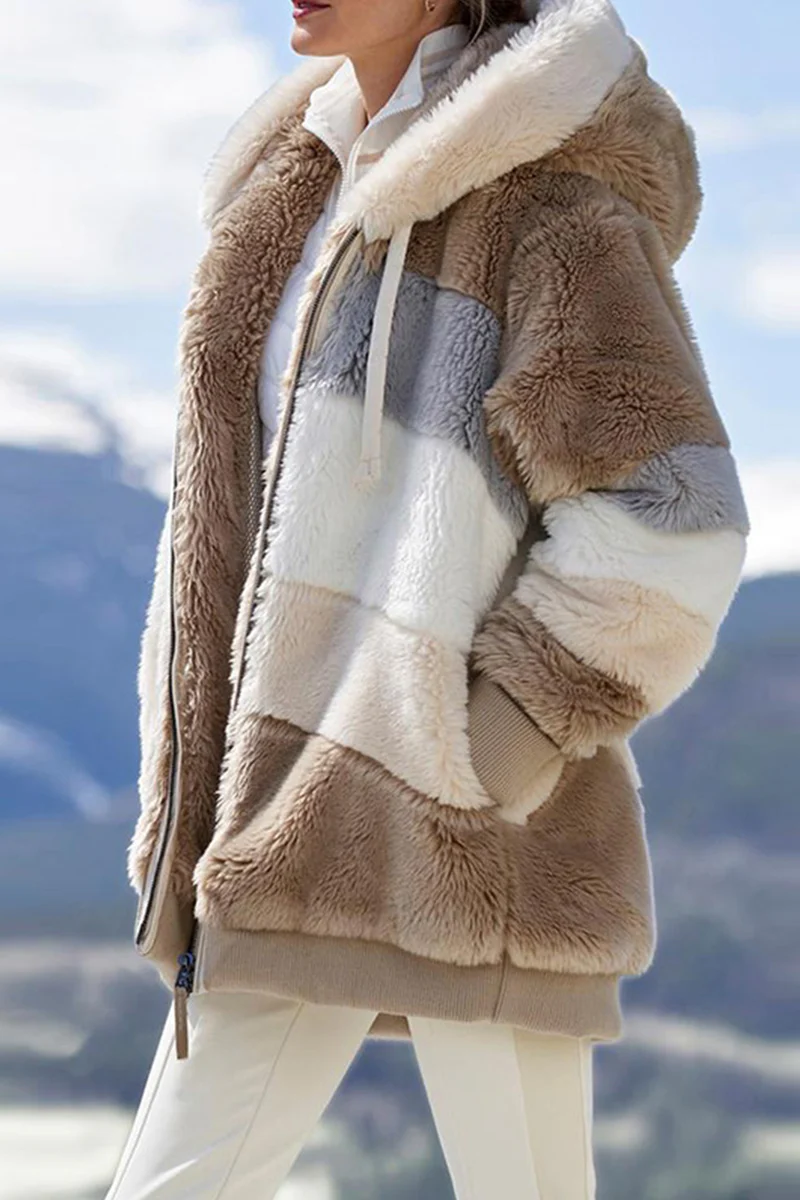 Casual Patchwork Contrast Zipper Hooded Collar Outerwear - Panekey