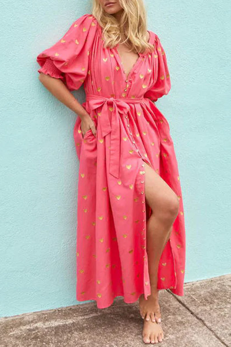 Casual Love Print Pocket Frenulum V Neck A Line Dresses - Panekey