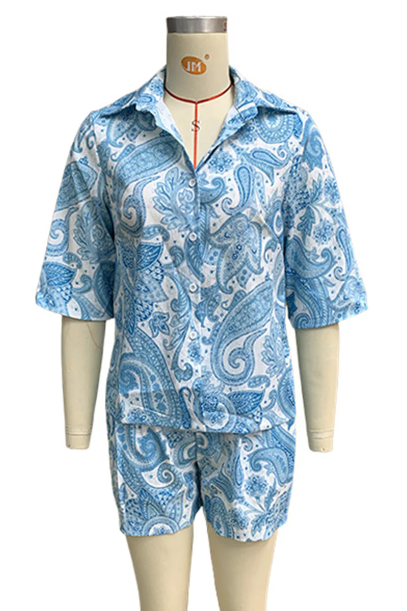 Casual Daily Floral Print Pocket Turndown Collar Short Sleeve Two Pieces - Panekey