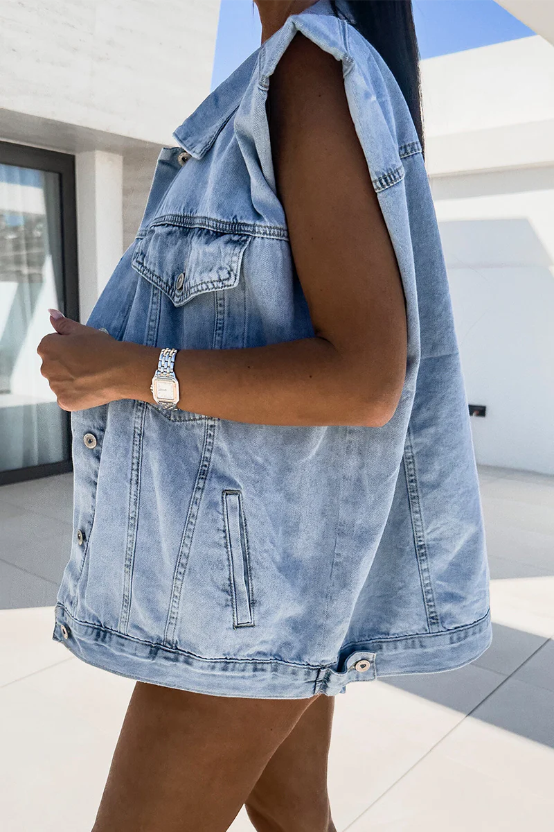 Casual Distressed Buttons Turndown Collar Sleeveless Loose Denim Jacket - Panekey