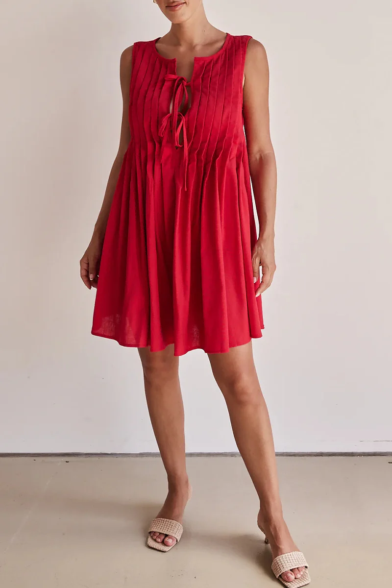 Casual Daily Lace Up Pleated O Neck Pleated Dresses(4 Colors) - Panekey