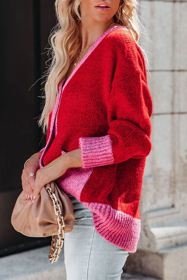 Casual Elegant Patchwork Pocket Buckle Contrast V Neck Outerwear Sweater - Panekey