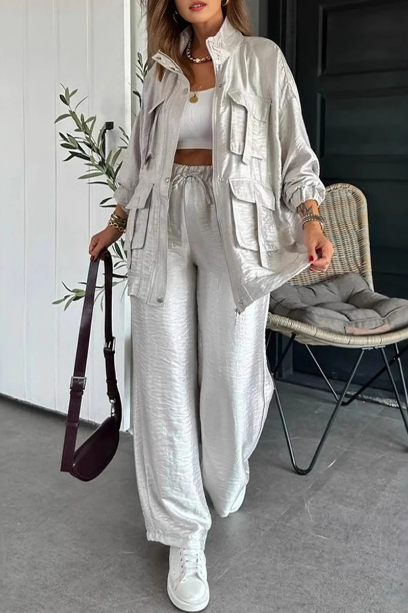 Casual Pocket Ruched Mandarin Collar Long Sleeve Two Pieces(6 Colors) - Panekey