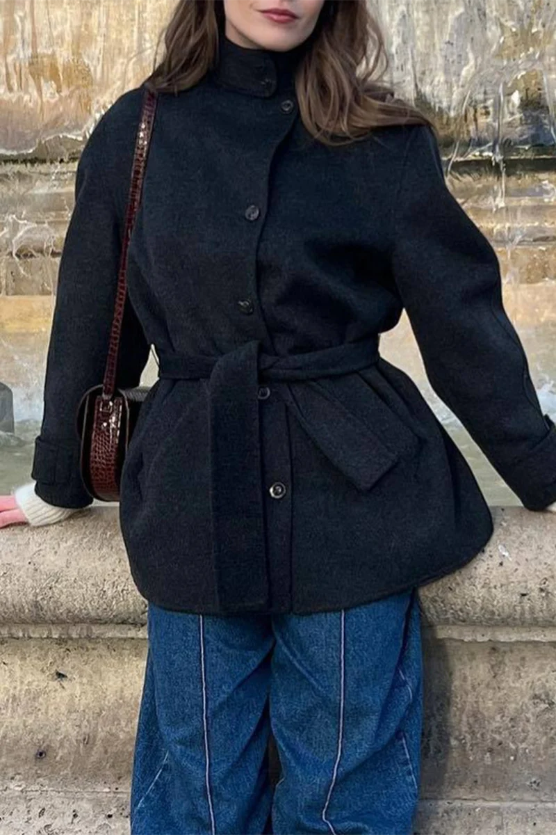 Casual Lace Up Buttons Gross Mandarin Collar Outerwear - Panekey