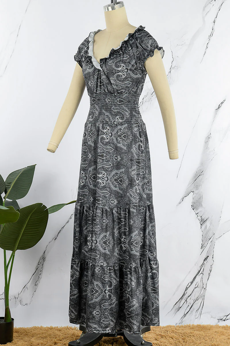 Bohemian College Print Fold V Neck A Line Dresses(6 Colors) - Panekey