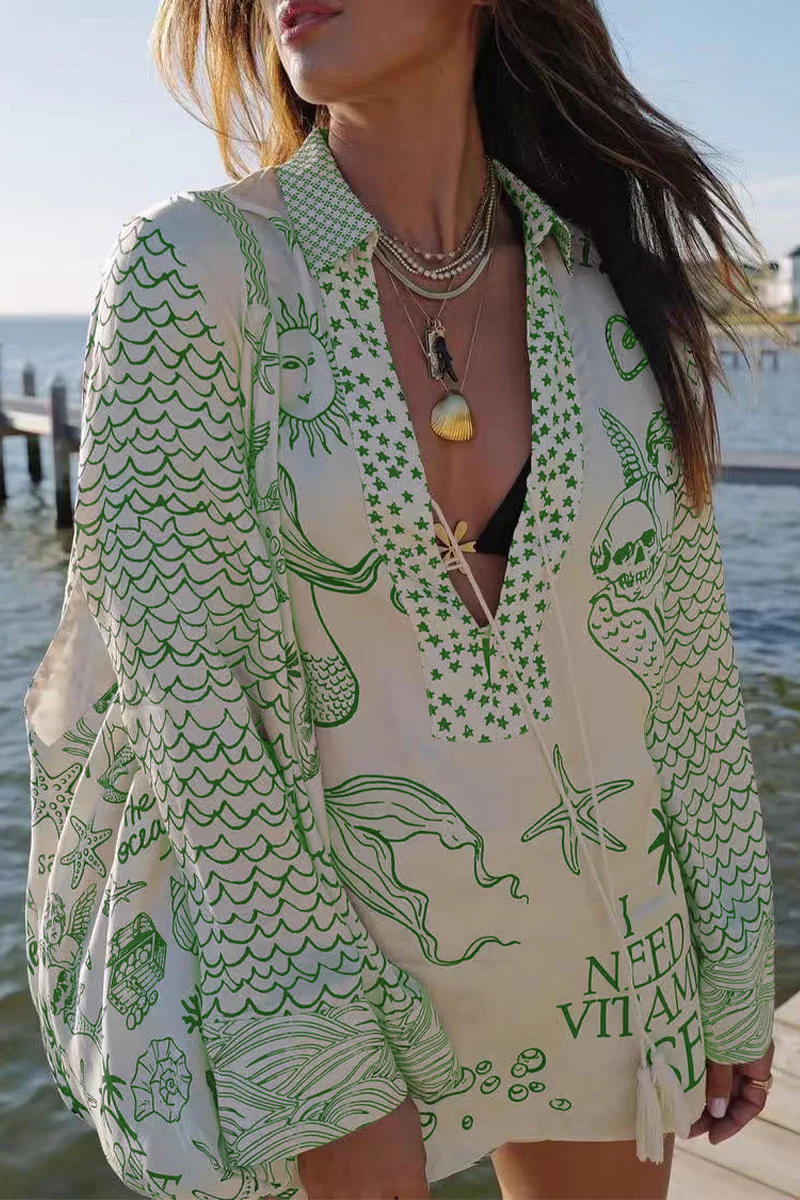 Casual Graffiti Print Tassel Contrast V Neck Long Sleeve Two Pieces - Panekey