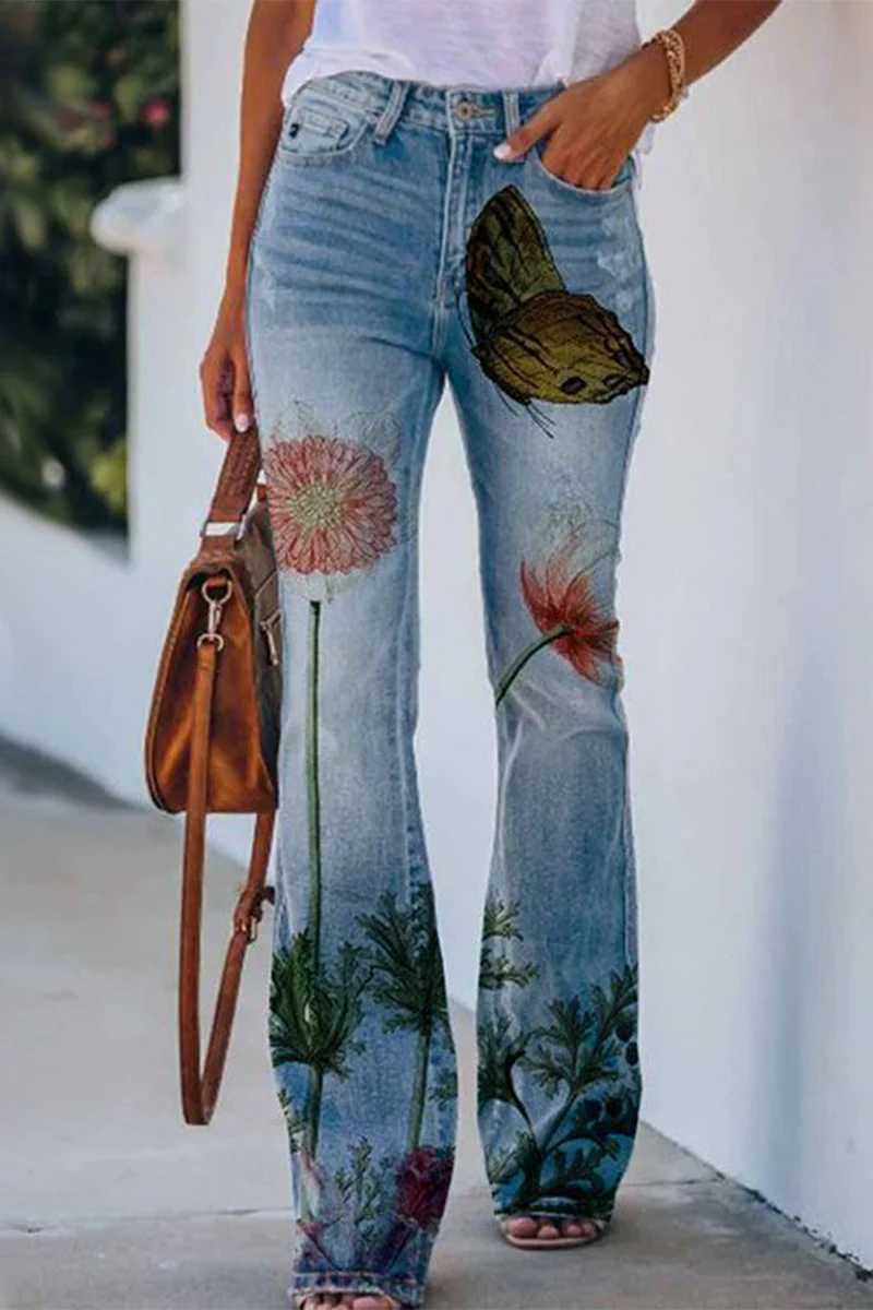 Casual Floral Pocket Regular Denim Jeans(9 Colors) - Panekey