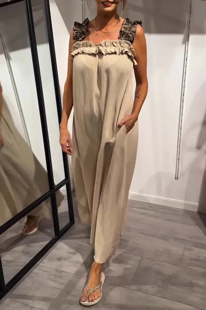 Casual Leopard Pocket Patchwork Flounce Square Neck Long Dresses(8 Colors) - Panekey