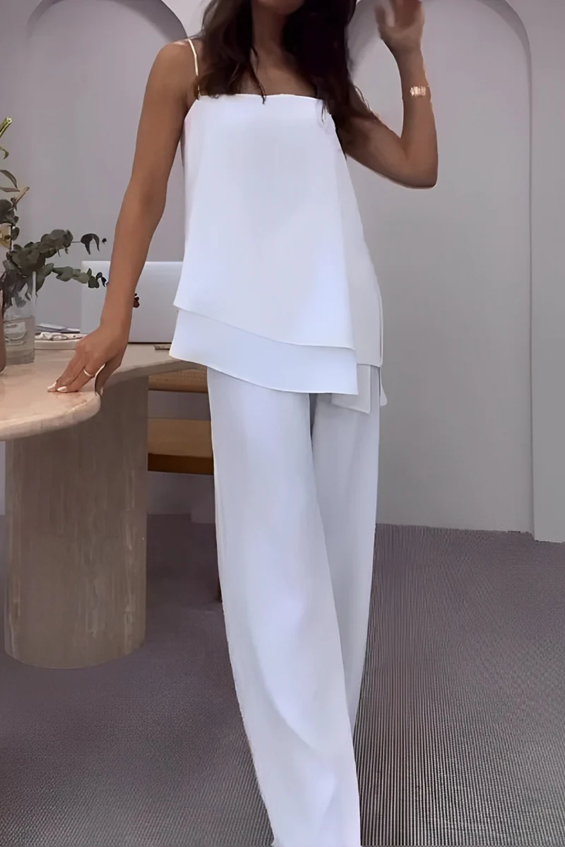 Casual Daily Solid Color Irregular Flounce Square Neck Sleeveless Two Pieces - Panekey