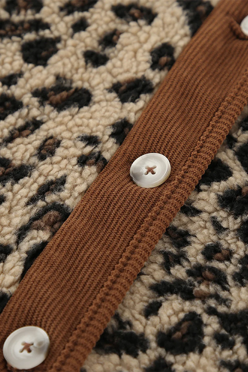 Casual Leopard Pocket Buttons Patchwork O Neck Outerwear - Panekey
