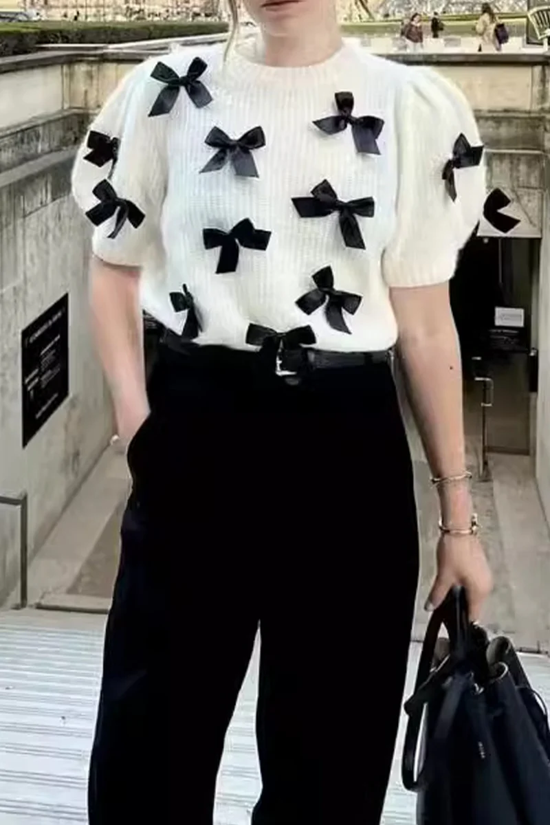 Casual Bow Patchwork Contrast O Neck Sweaters - Panekey