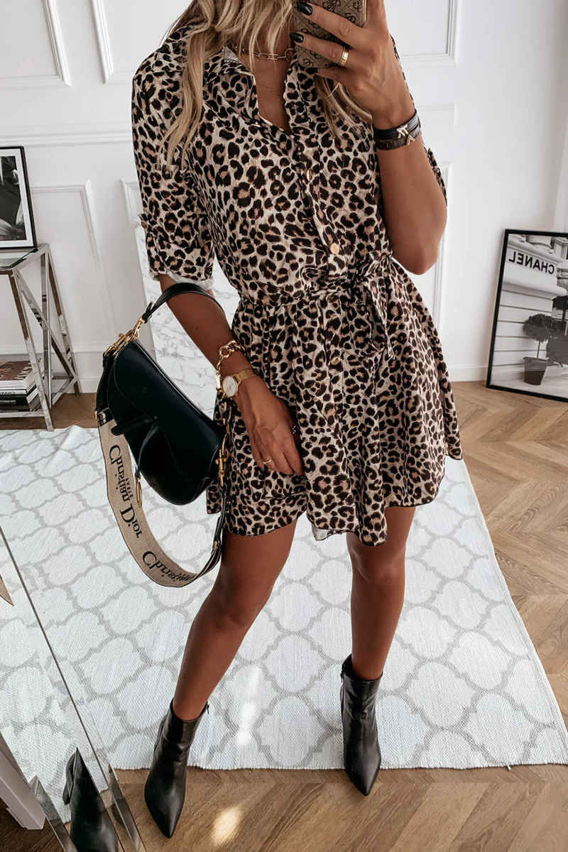Casual Elegant Print Leopard Frenulum Buckle Dresses - Panekey