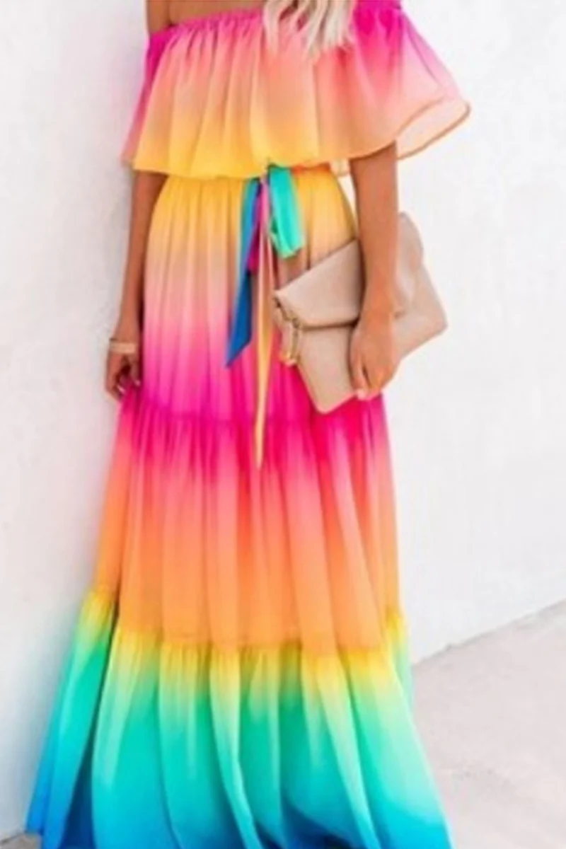 Casual Gradual Change Flounce Off the Shoulder Cake Skirt Dresses(4 Colors) - Panekey