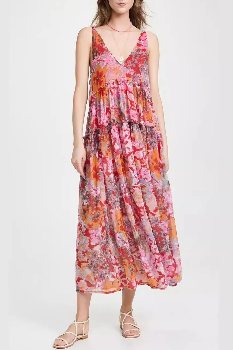 Casual Floral Fold V Neck Sleeveless Dresses - Panekey