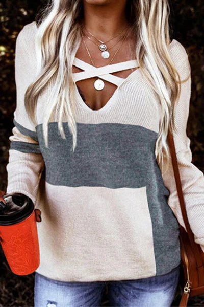 Casual Patchwork Hollowed Out Contrast V Neck Tops Sweater - Panekey