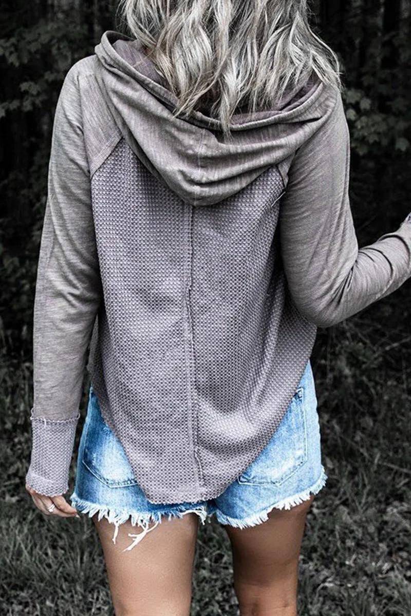 Casual Patchwork Draw String Contrast Hooded Collar Tops(5 Colors) - Panekey