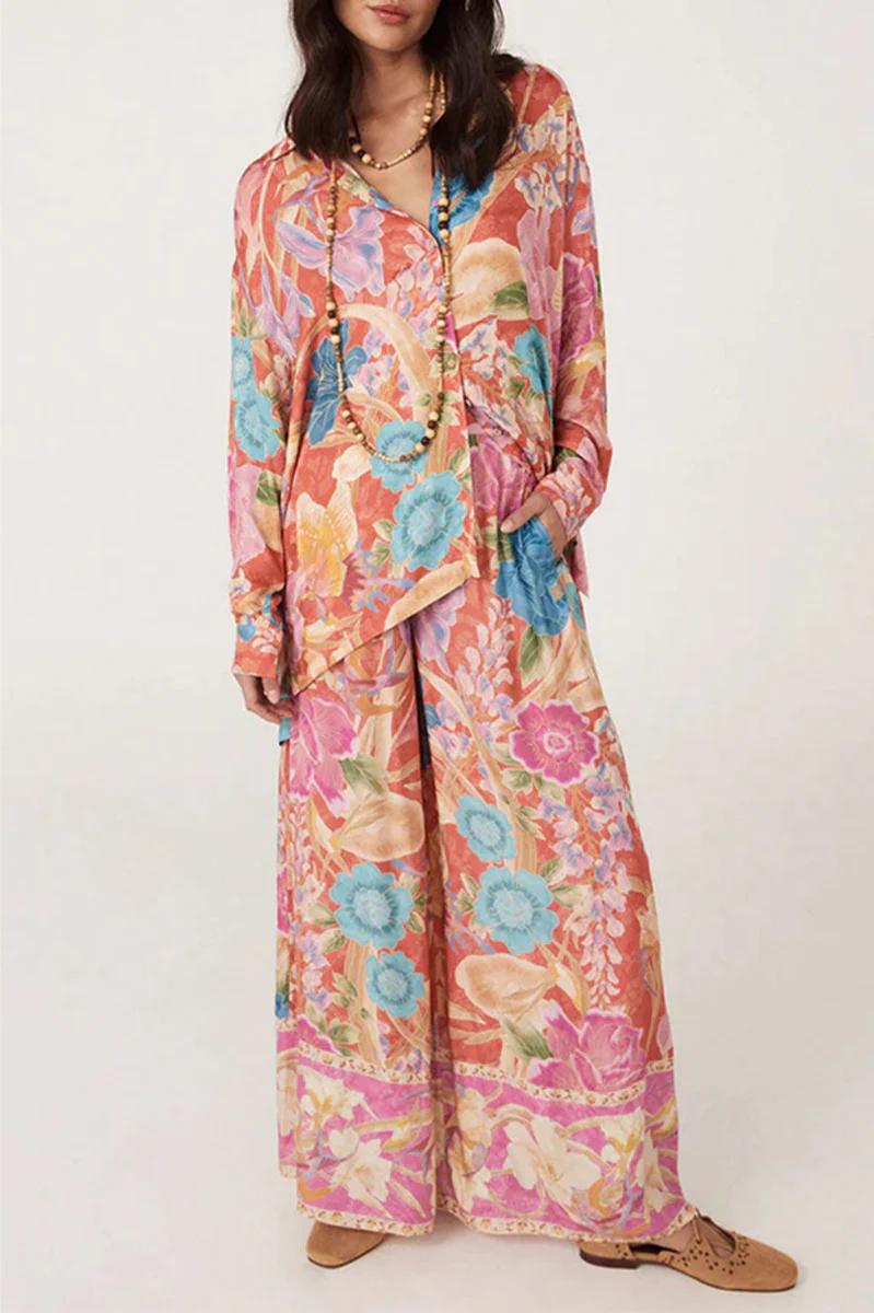 Casual Floral Print Pocket Contrast Turndown Collar Long Sleeve Two Pieces - Panekey