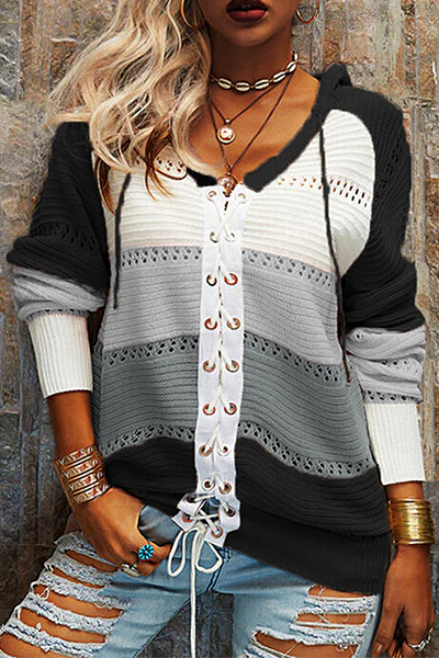 Casual Patchwork Draw String Cross Straps Contrast Hooded Collar Tops(7 Colors) - Panekey
