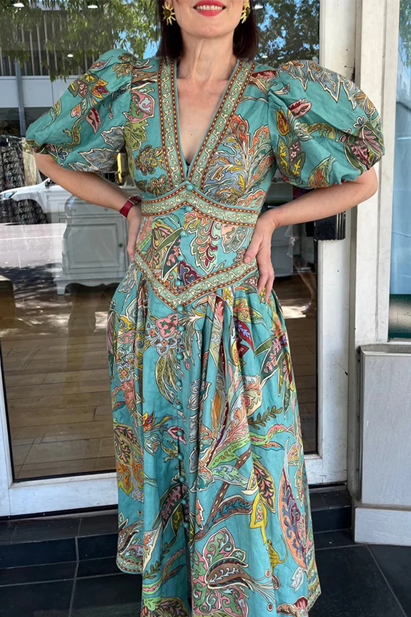 Casual Floral Print Pocket V Neck A Line Dresses - Panekey