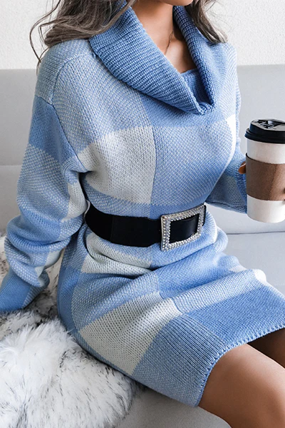 Casual Plaid Split Joint  Contrast Turtleneck Pencil Skirt Dresses Sweater (Without Belt) - Panekey