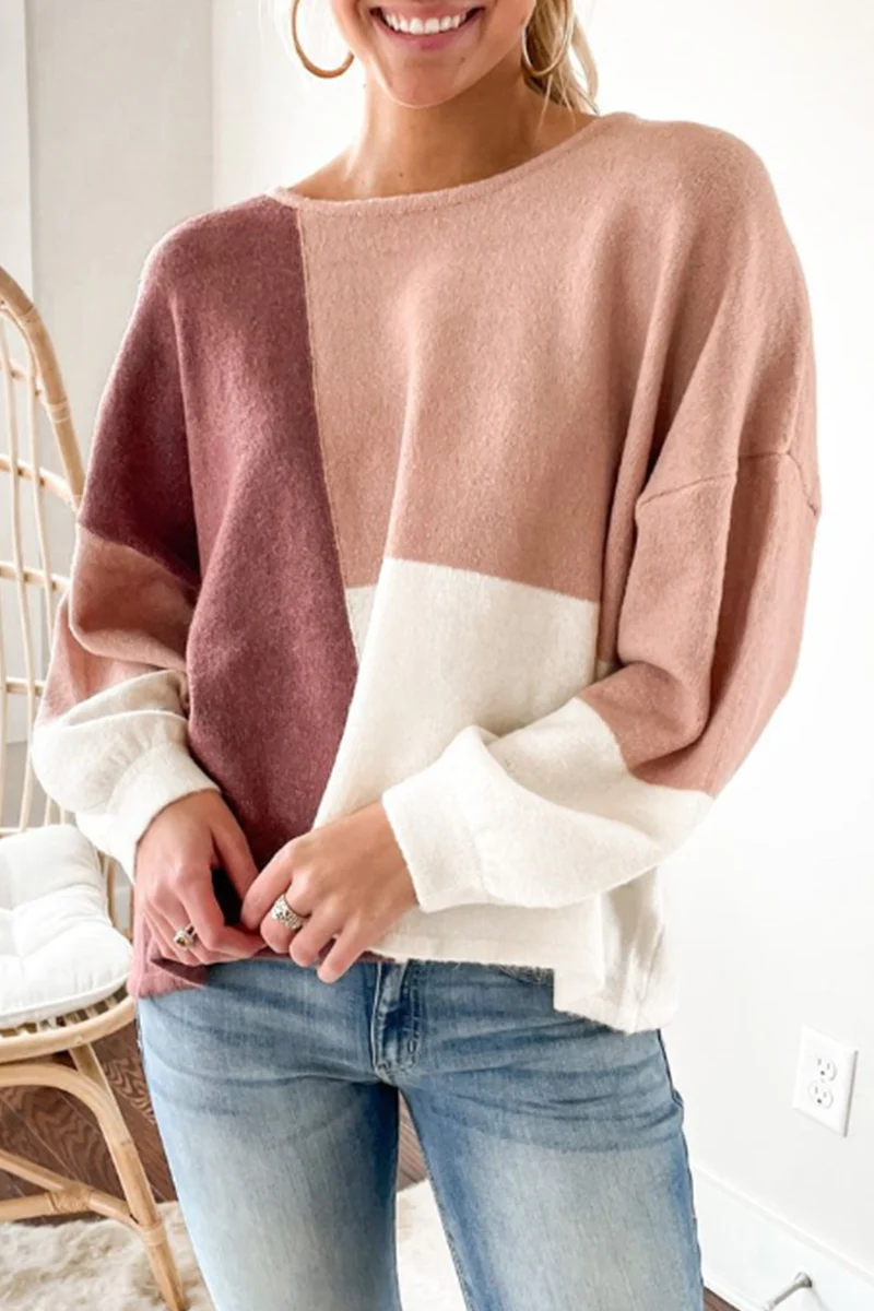 Casual Patchwork  Contrast O Neck Tops Sweater - Panekey