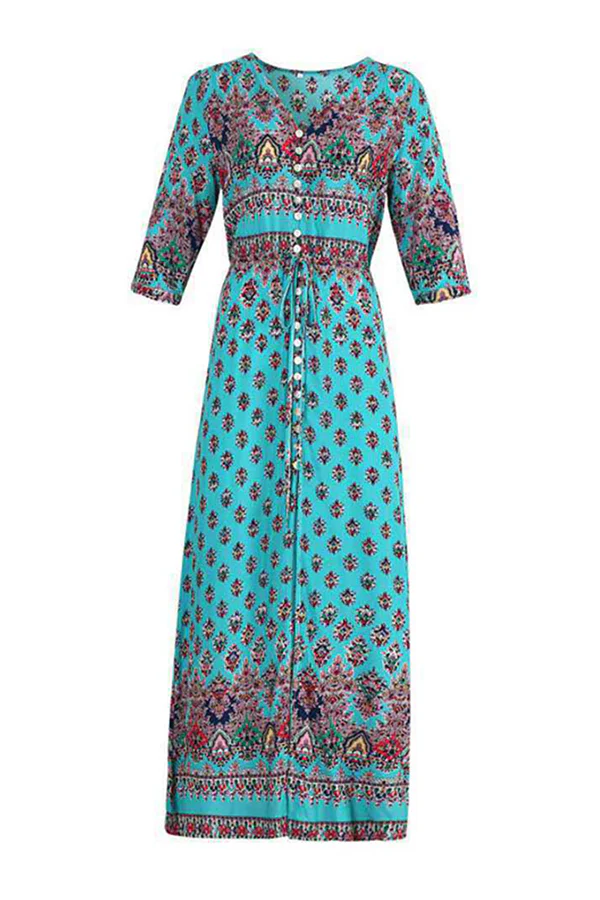 Bohemian Print Buckle Slit V Neck Dresses(7 Colors) - Panekey