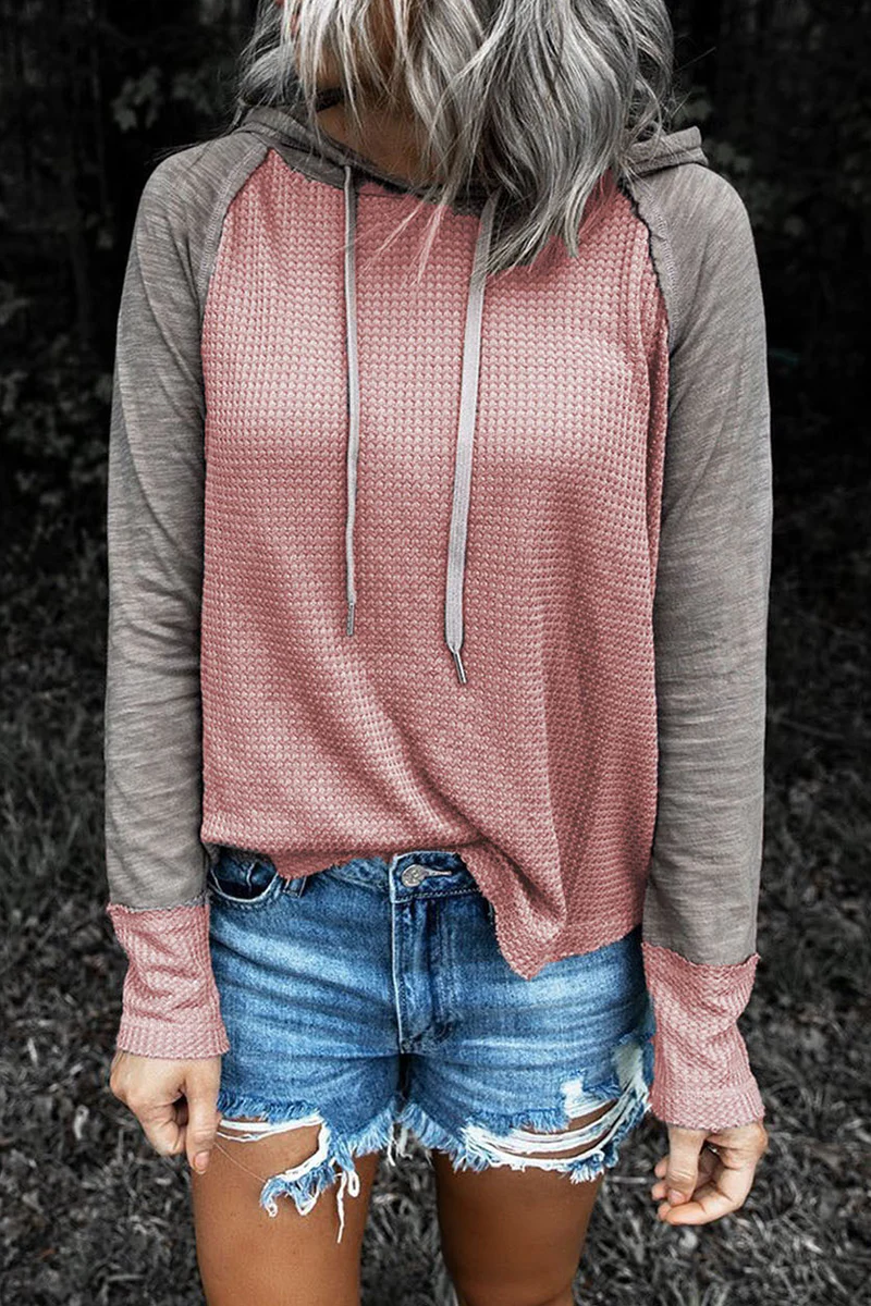 Casual Patchwork Draw String Contrast Hooded Collar Tops(5 Colors) - Panekey