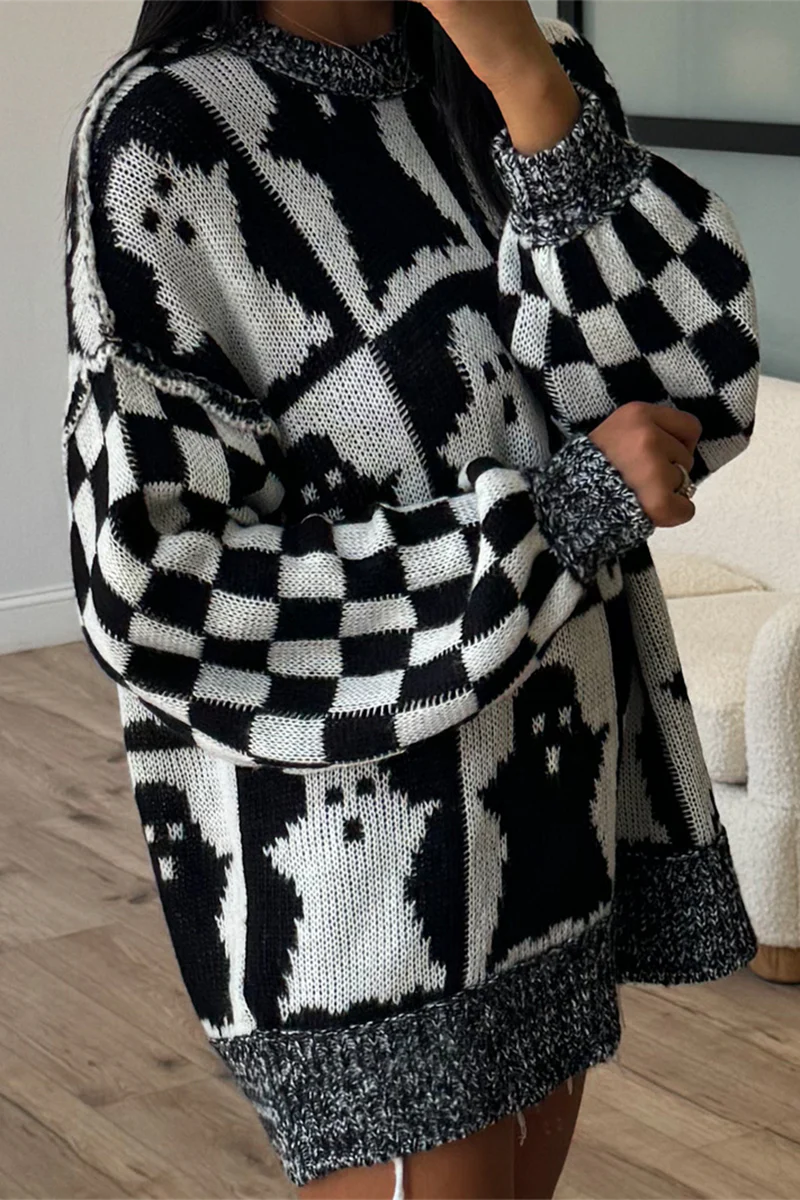 Casual Plaid Weave Contrast O Neck Sweaters - Panekey