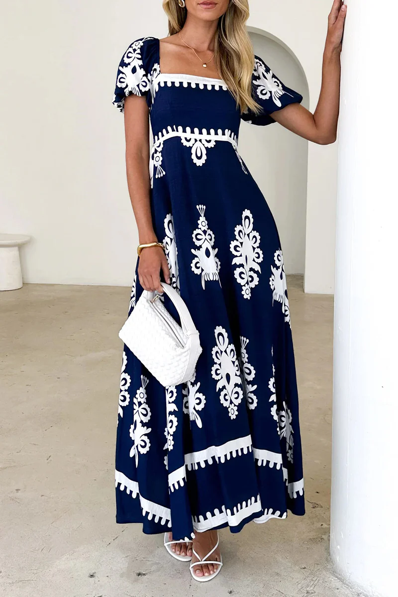 Casual Geometric Print Pocket Contrast Square Neck A Line Short Sleeve Dress - Panekey