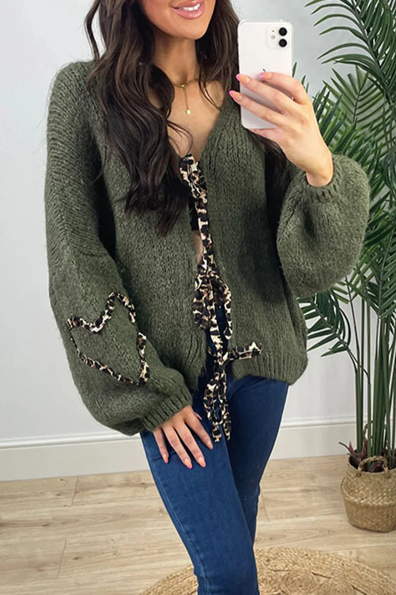 Casual Leopard Lace Up Patchwork Weave V Neck Outerwear(7 Colors) - Panekey