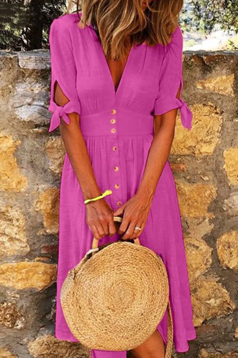 Casual Elegant Buckle Knotted V Neck Dresses(4 Colors) - Panekey