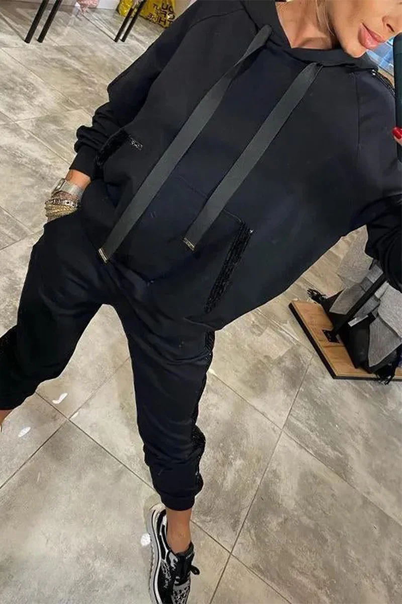 Casual Daily Sequins Draw String Pocket Hooded Long Sleeve Two Pieces(5 Colors) - Panekey