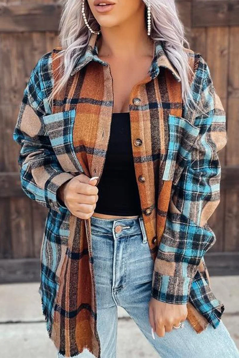 Casual Plaid Patchwork Turndown Collar Blouses - Panekey