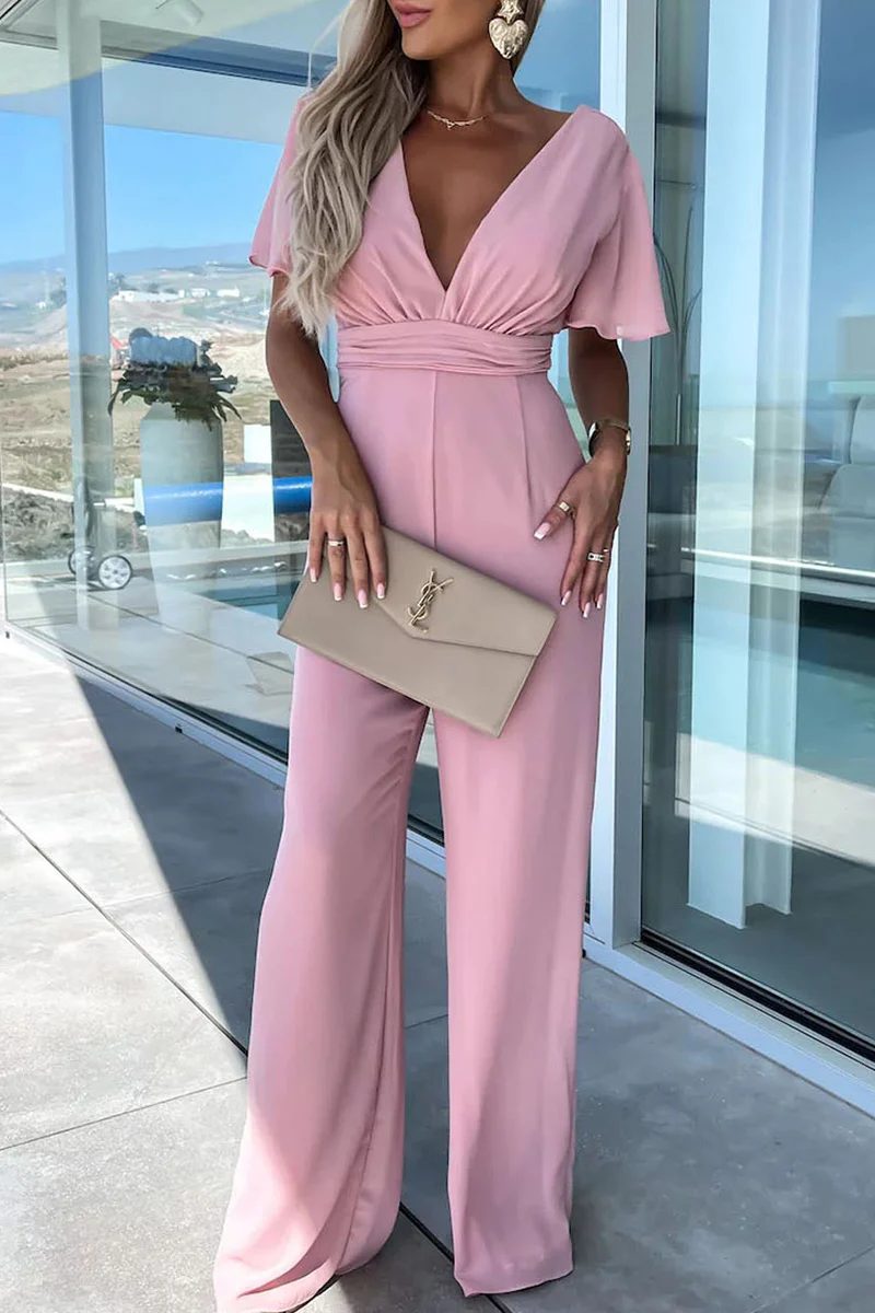 Casual Elegant Solid Solid Color V Neck Regular Jumpsuits(4 Colors) - Panekey