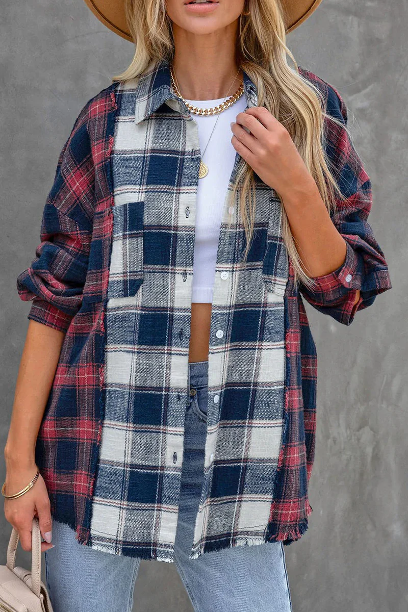 Casual Plaid Patchwork Turndown Collar Tops - Panekey