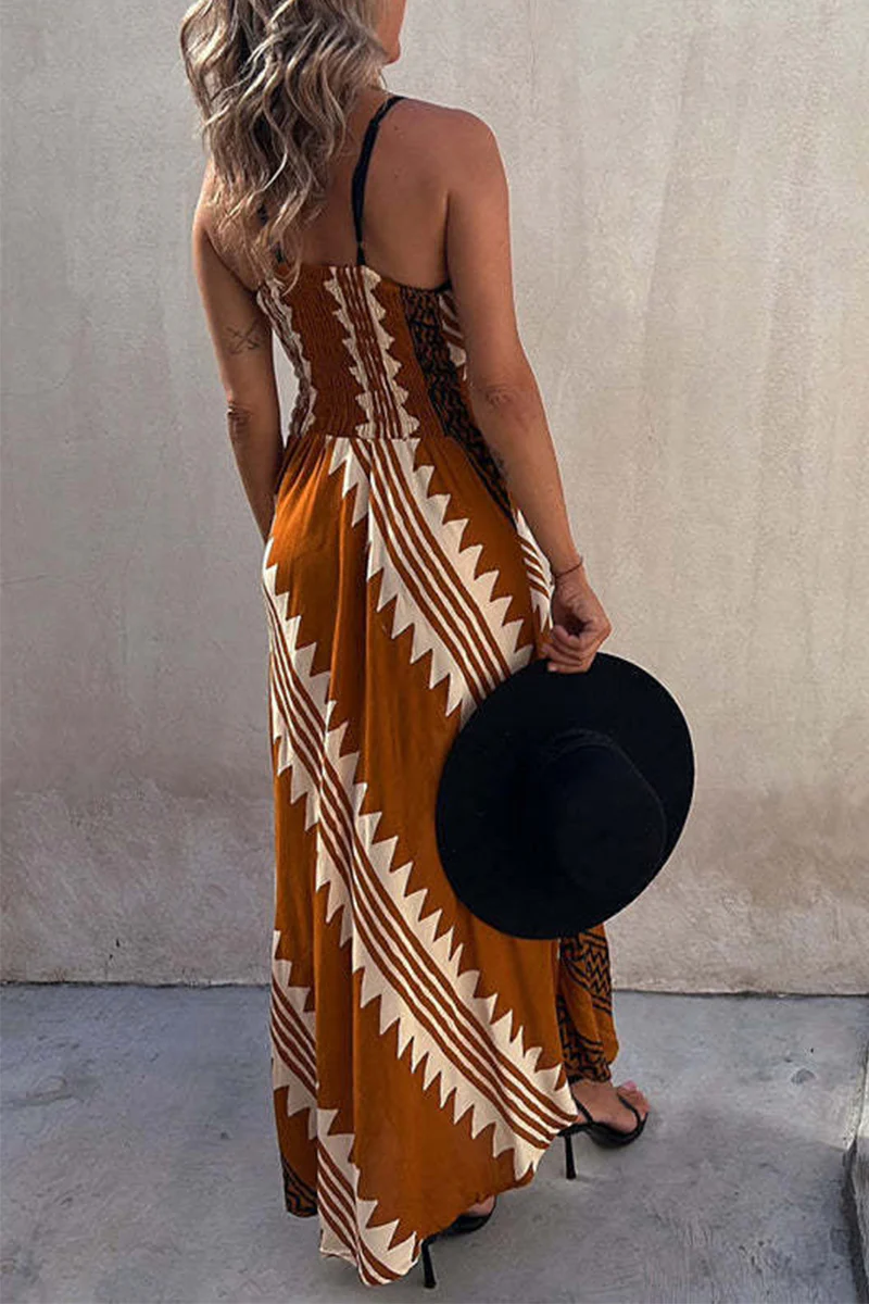 Bohemian Vacation Striped Print Patchwork V Neck Sling Dresses - Panekey