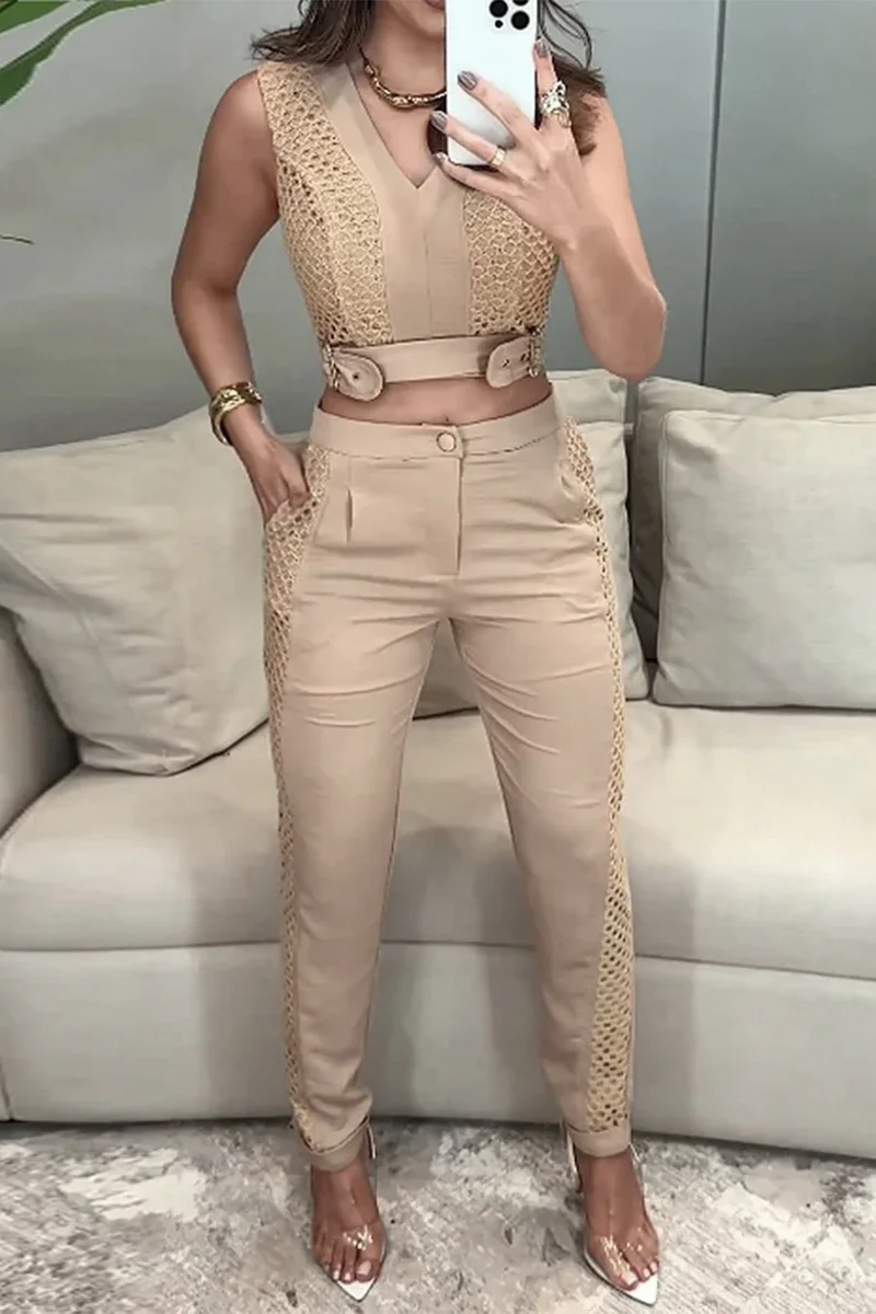 Casual Pocket Buttons Mesh V Neck Sleeveless Two Pieces - Panekey