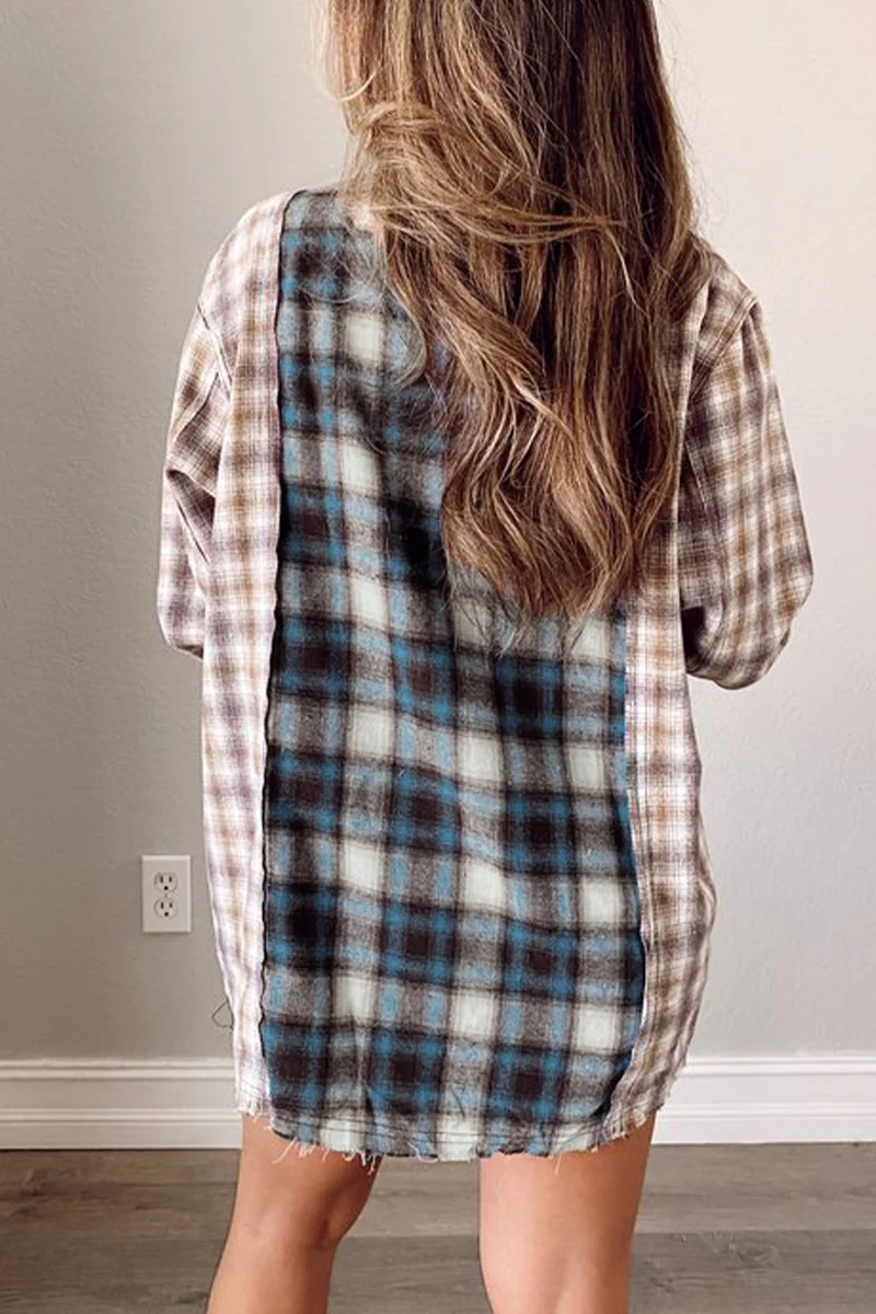 Casual Plaid Patchwork Turndown Collar Tops - Panekey