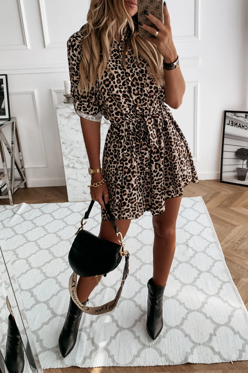 Casual Elegant Print Leopard Frenulum Buckle Dresses - Panekey