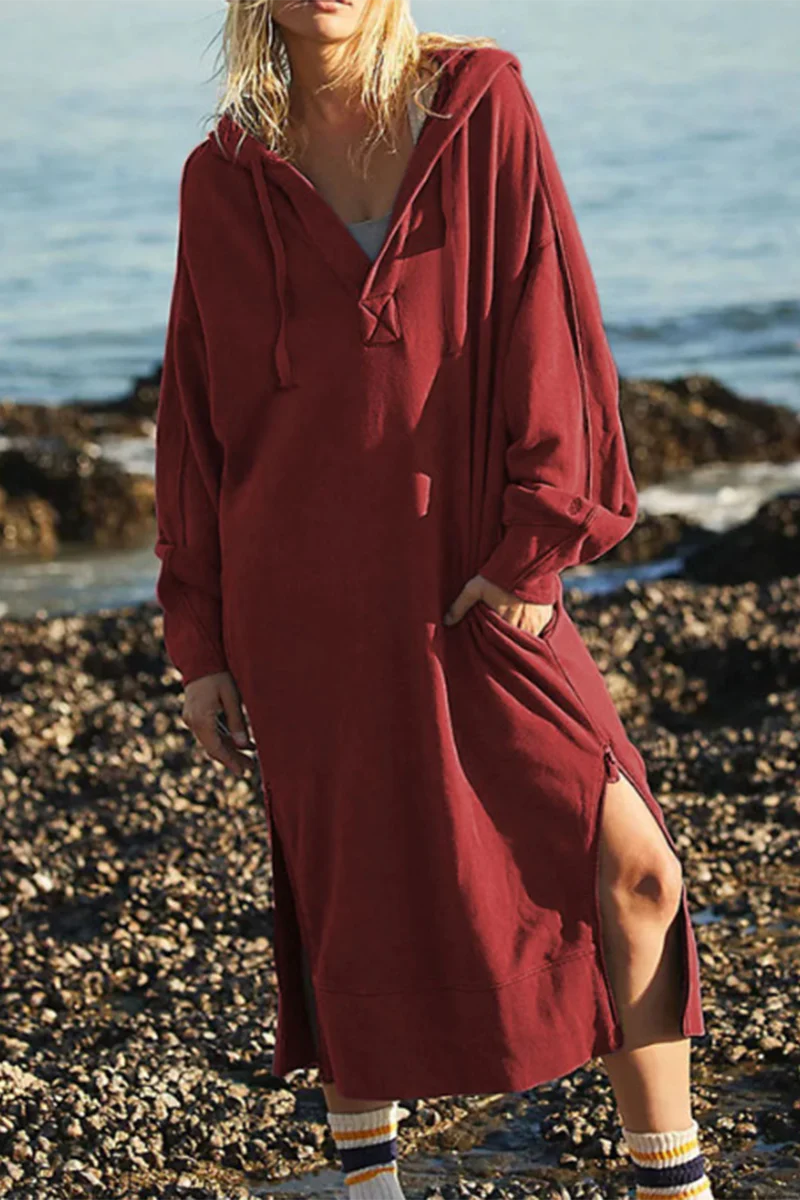 Casual Daily Pocket Slit Hooded Long Sleeve Dresses(4 Colors) - Panekey