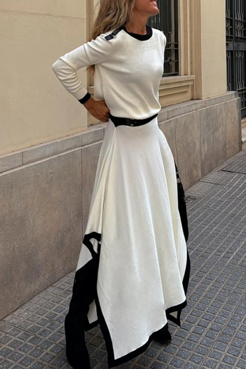 Casual Patchwork Irregular Contrast O Neck Long Sleeve Two Pieces(3 Colors) - Panekey