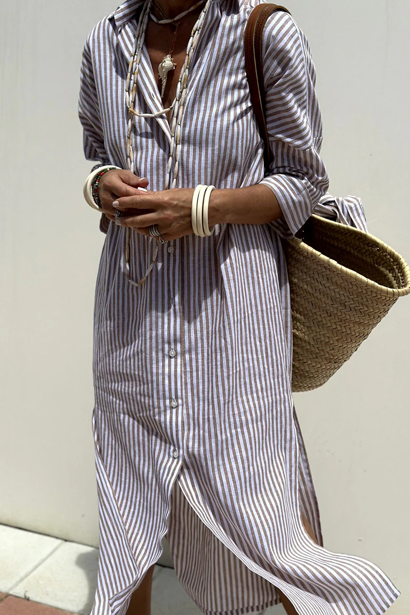 Casual Plaid Striped Print Buttons With Belt Turndown Collar Shirt Dresses(5 Colors) - Panekey