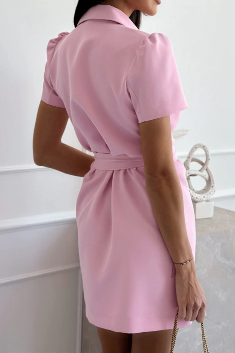 Casual British Style Solid Bandage Buttons Turn-back Collar Suit Dresses - Panekey