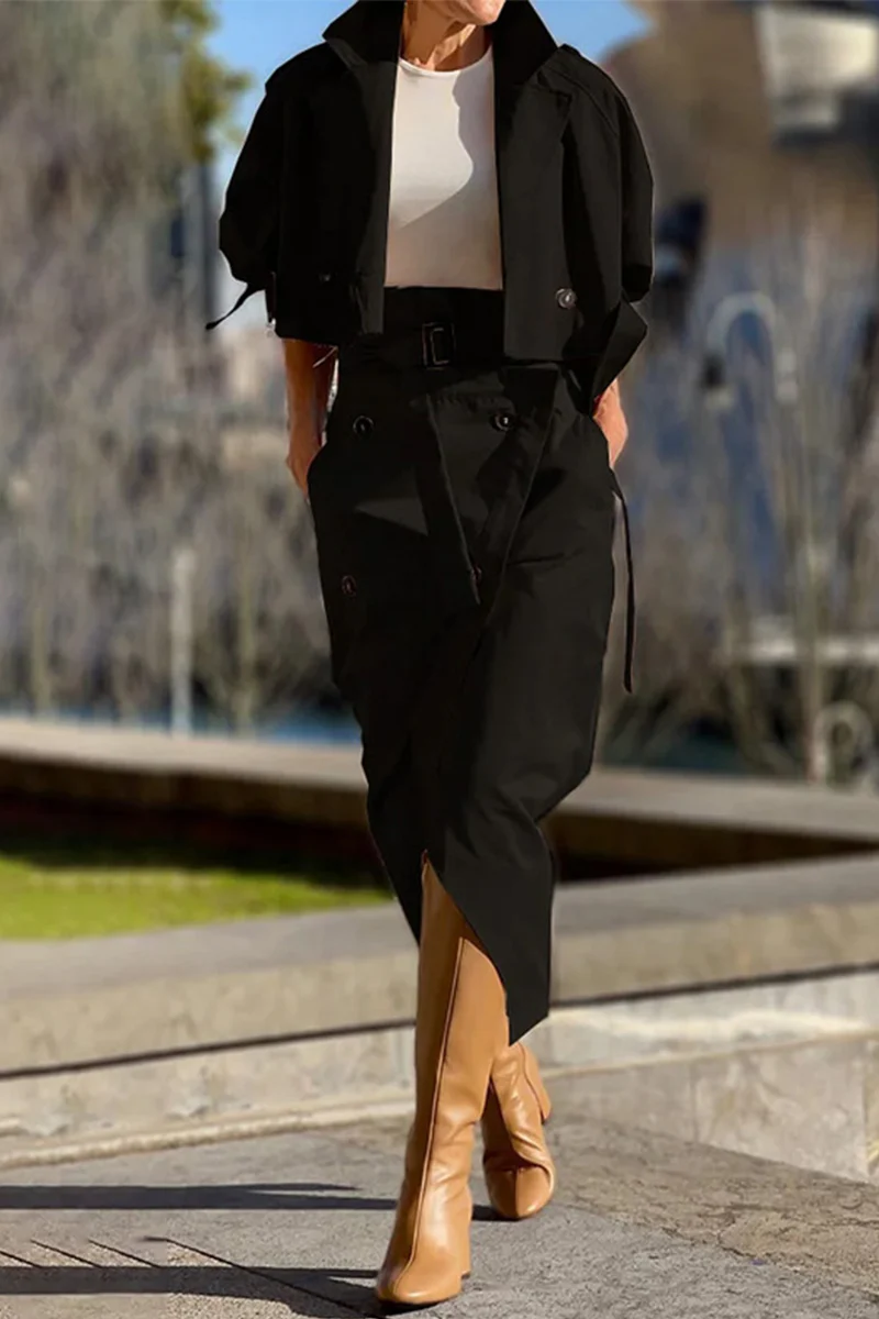 British Style Elegant Solid Pocket Buttons Turndown Collar Long Sleeve Two Pieces - Panekey