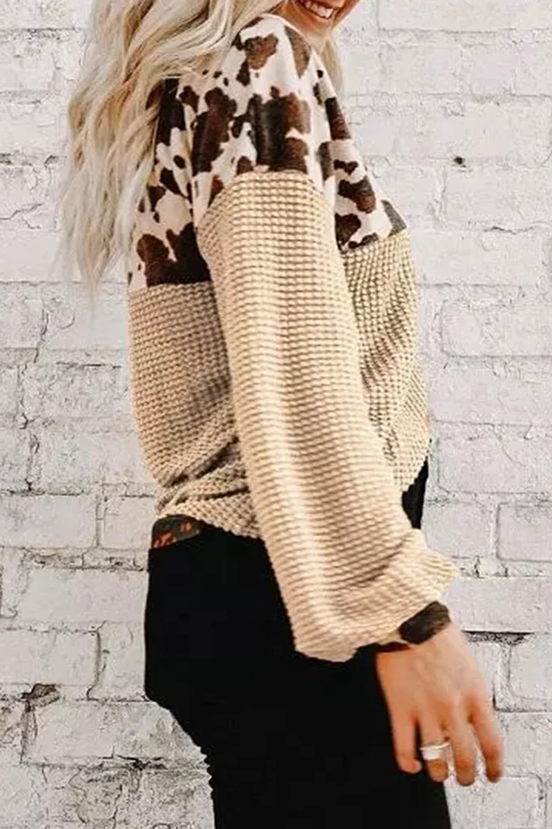 Casual Leopard Patchwork V Neck Tops - Panekey