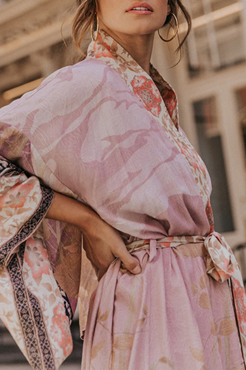 Casual Floral Print Lace Up Contrast Swimwears Cover Up - Panekey