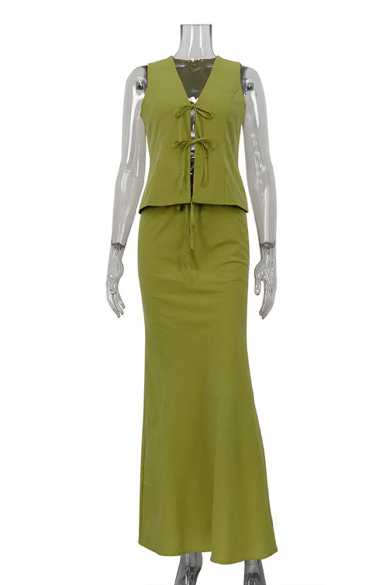 Casual Lace Up V Neck Sleeveless Two Pieces(3 Colors) - Panekey