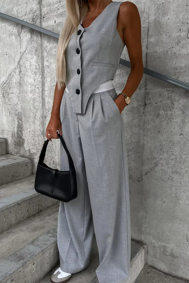 Casual British Style Solid Pocket Buckle V Neck Sleeveless Two Pieces - Panekey